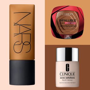 Best Foundations For Your Skin Type Products on color block background