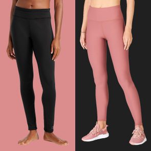 two models wearing fleece lined leggings on colored backgrounds