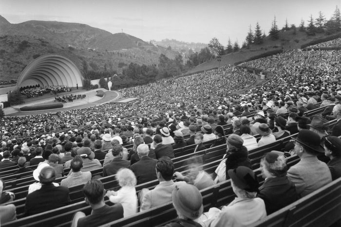 black and white image of a concert at the hollywood bowl in 1930