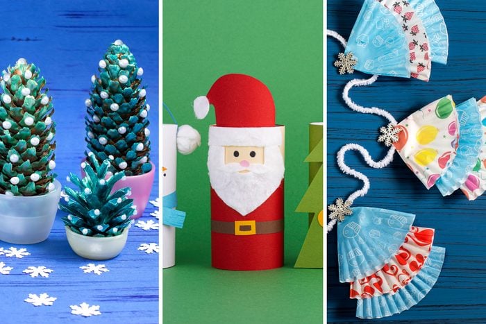 Collage of different kids Christmas crafts divided by thin white lines