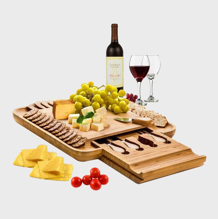 Bamboo Cheese Board Set With Cutlery In Slide Out Drawer