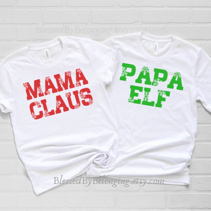 Blessed By Belonging Mama Clause And Papa Elf Shirts