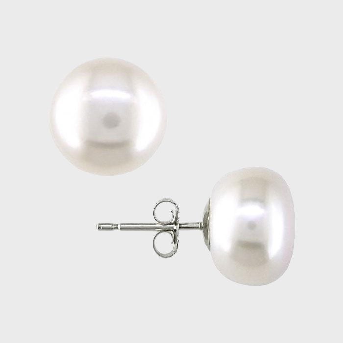 Cultured Freshwater White Pearl Stud Earrings 14k White Gold 10 11mm