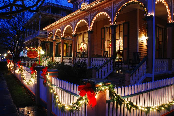 Victorian Christmas decorations glow at night