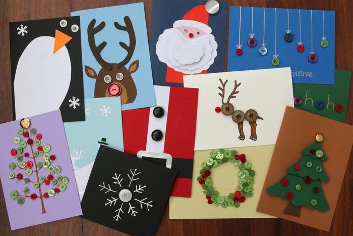 homemade DIY easy Christmas cards designs with cut-outs Santa Claus, snowmen, snowflakes, reindeer, Xmas trees with baubles, wreaths, penguins, buttons 