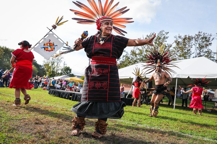 Veronica Raya dances in a ceremonial performance with the group Cetiliztli Nauhcampa at the Indigenous Peoples Day Ceremonial Celebration in Newton, MA on October 11, 2021.