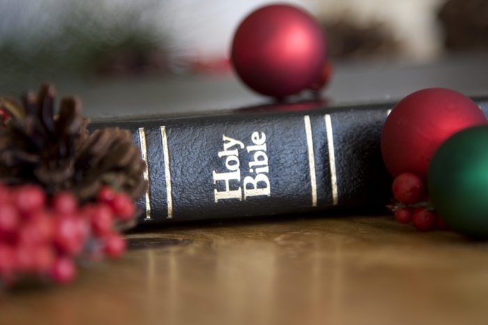 holy bible in christmas setting
