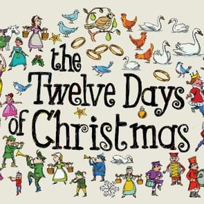 text that reads, the twelve days of christmas, surrounded by illustrations that represent the gifts from every verse of the song