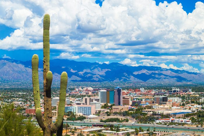 Tucson arizona Aerial Skyline View with Dramatic Clouds and a Cactus