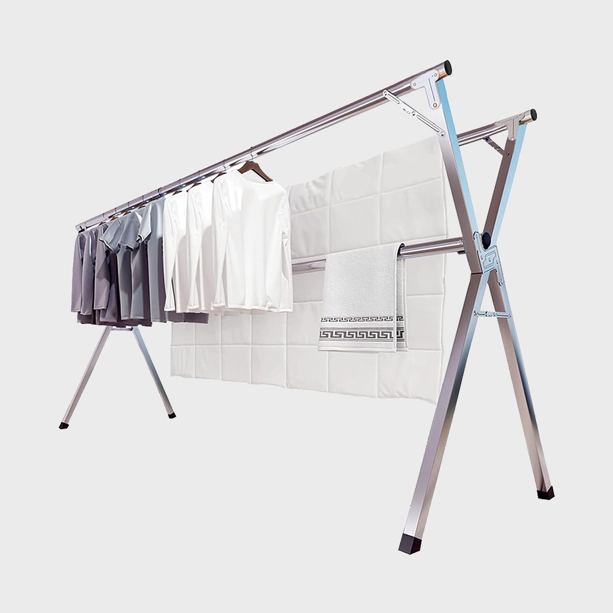 TOOLF Clothes Drying Rack, Aluminum Foldable 2-Level Drying Racks , Large  Laundry Stand with Height-Adjustable Gullwings, Clips Hooks for Bed Linen