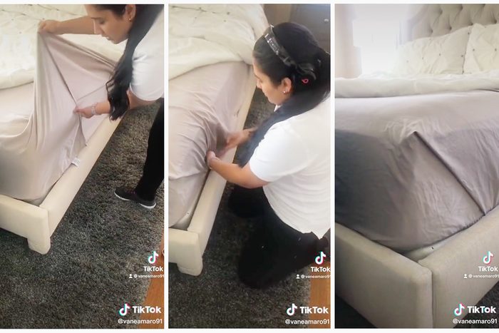 Collage Of Tiktok Showing How To Tuck In Sheet