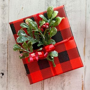 wrapped gift with a faux holly sprig tied on with ribbon