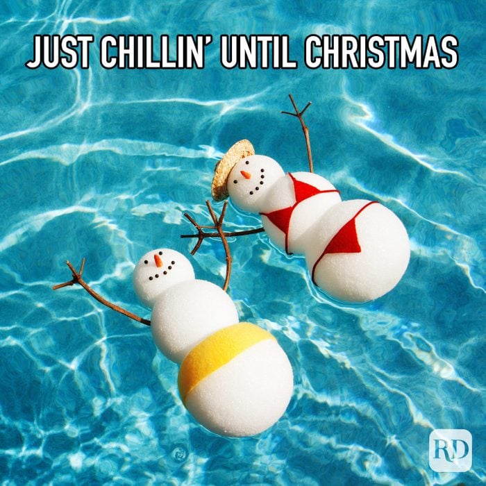 Just Chillin Until Christmas meme text over snowmen in pool
