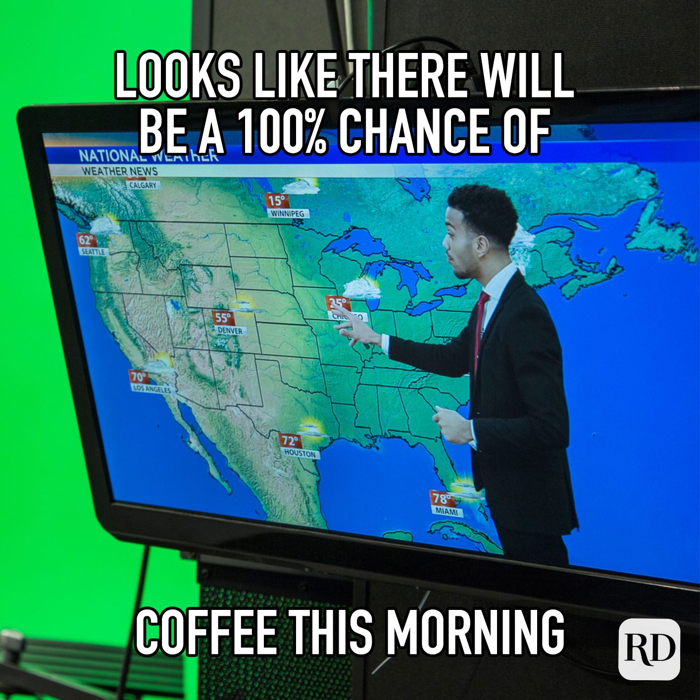 Looks Like There Will Be 100 Percent Chance Of Coffee This Morning meme text