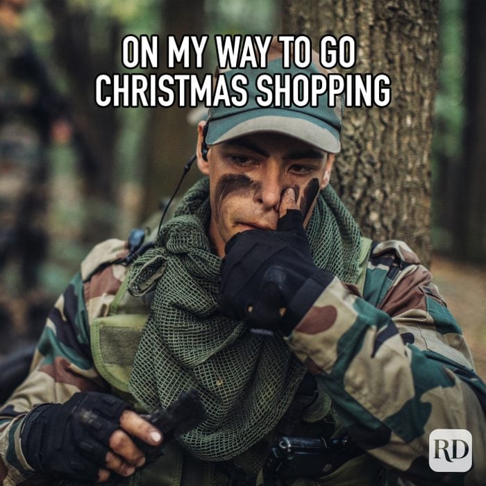 On My Way To Go Christmas Shopping meme text over person in camo gear