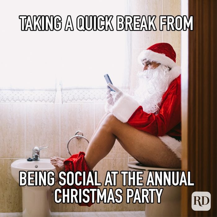 Taking A Quick Break From Being Social At The Annual Christmas Party meme text over santa on toilet