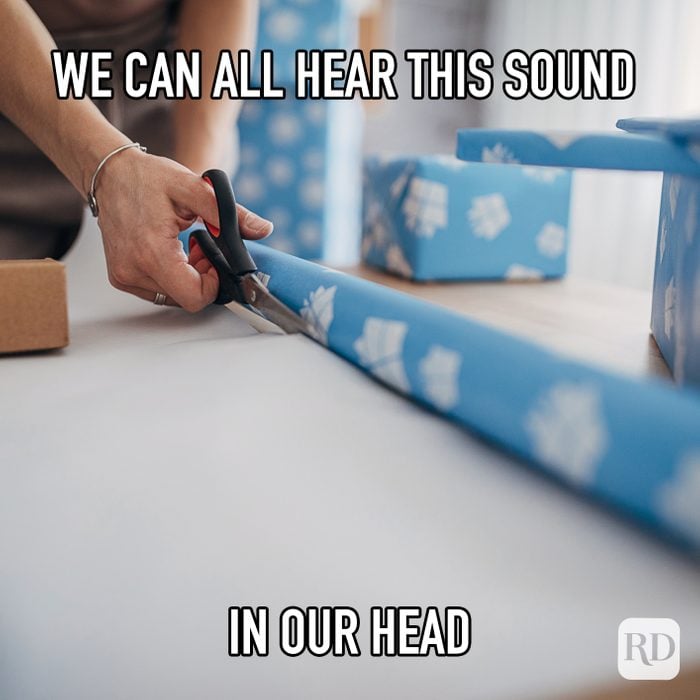 We Can All Hear This Sound In Our Head meme text over cutting wrapping paper