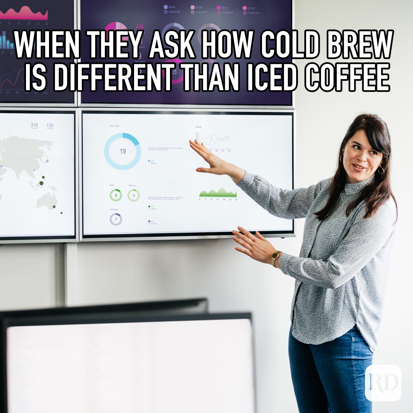 When They Ask How Cold Brew Is Different Than Iced Coffee meme text over image of woman giving presentation
