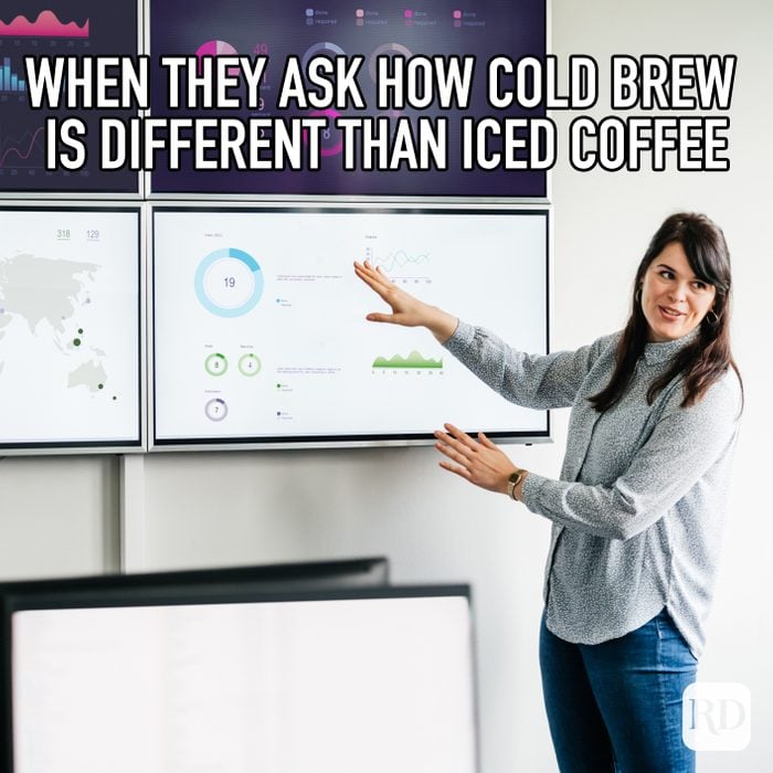 When They Ask How Cold Brew Is Different Than Iced Coffee meme text over image of woman giving presentation