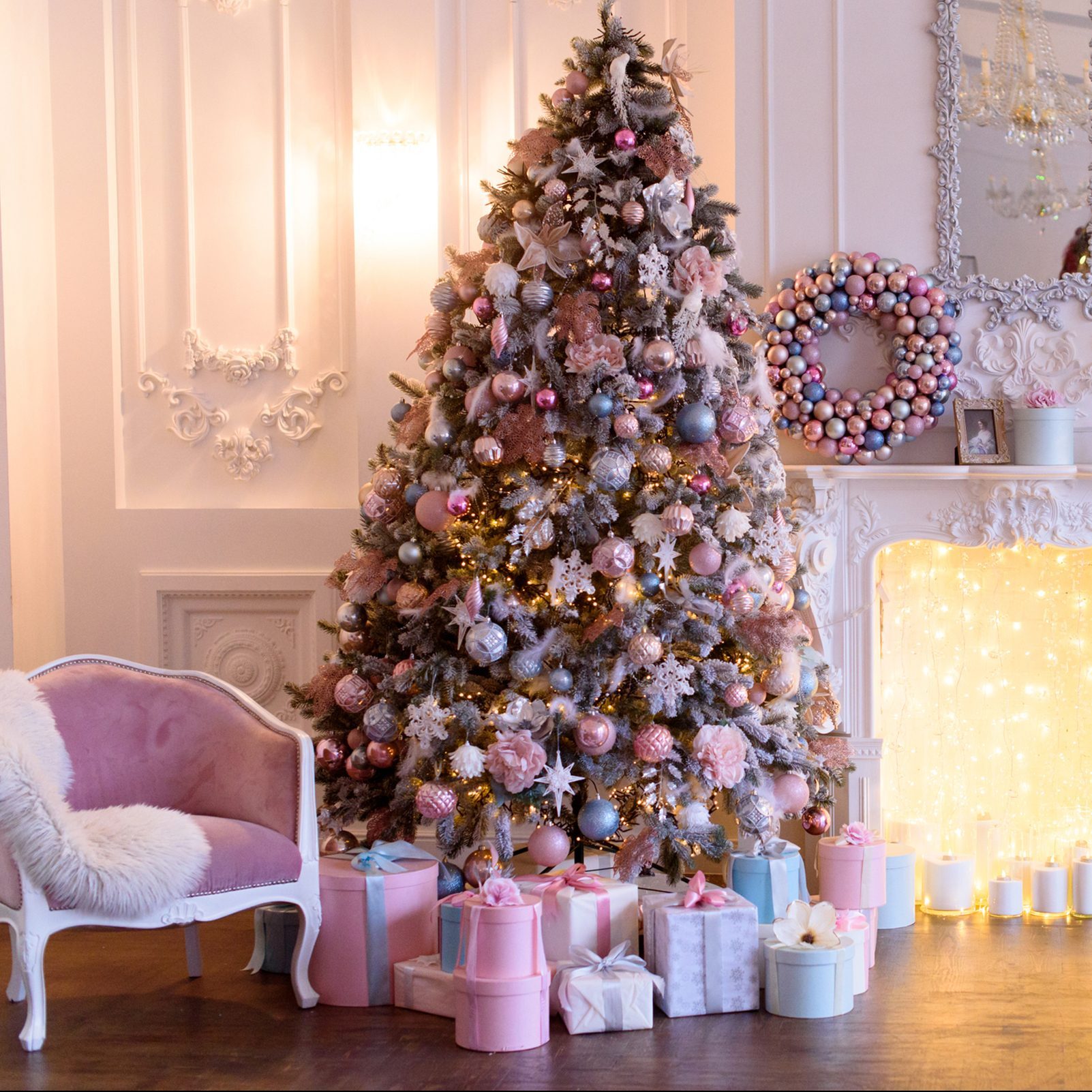 Christmas living room interior with a big Christmas tree, gifts and a vintage armchair