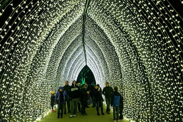People enjoy a tunnel of light at the Lightscape exhibit at Chicago Botanic Garden in Glencoe, Illinois