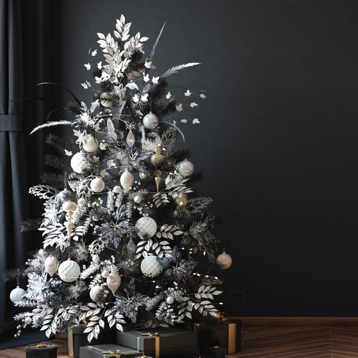 Christmas tree in black room interior