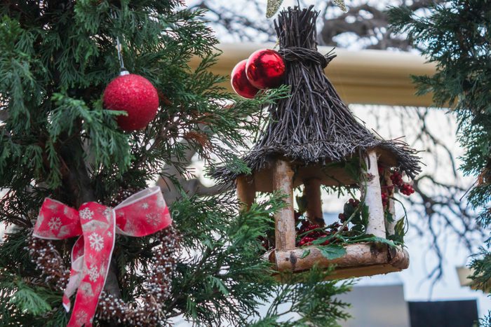 christmas birdhouse made from natural materials hanging in a tree