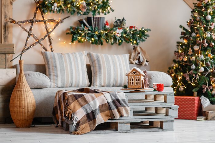 cozy interior of modern home living room decorated christmas