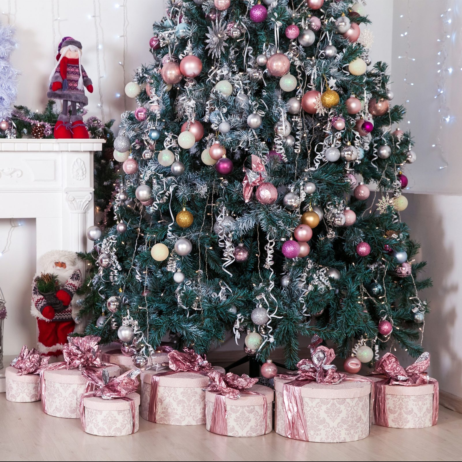Christmas and New year background with green Tree decorated with toys