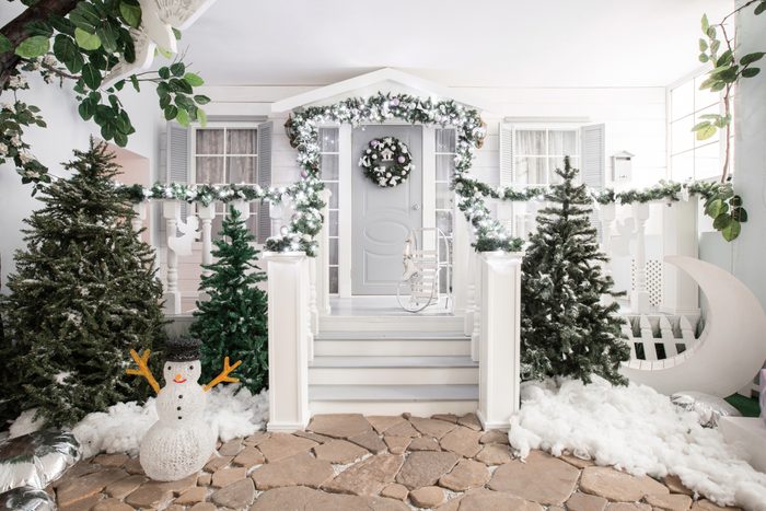 house entrance decorated for holidays.