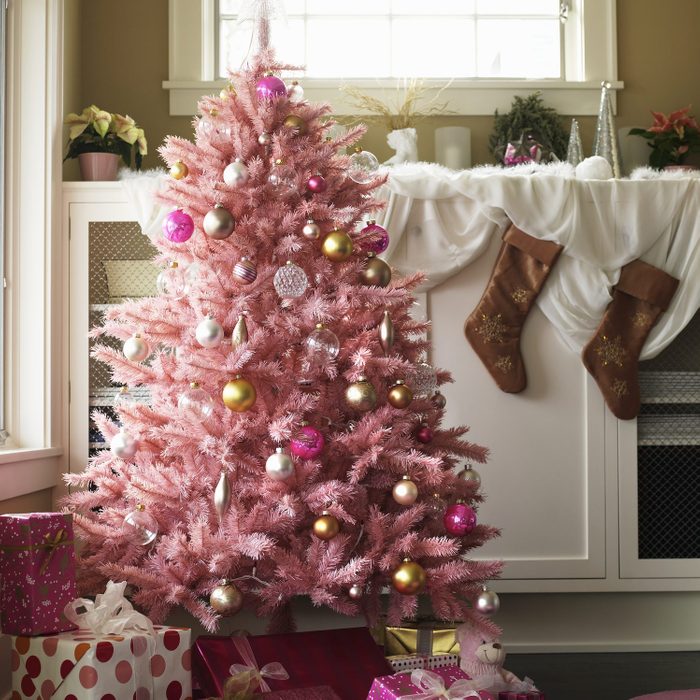 decorated Pink Christmas tree in home