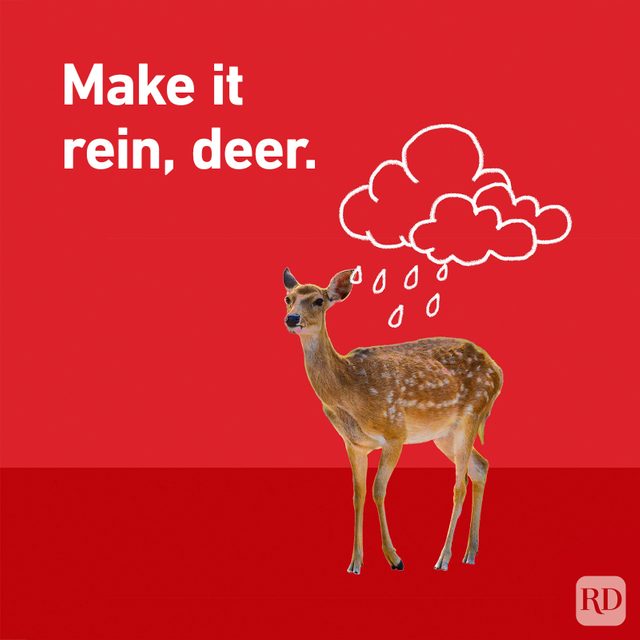 "Make it rein, deer." rain cloud over a deer