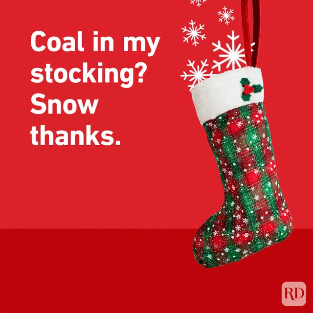 "Coal in my stocking? Snow thanks." Snowflakes inside Christmas stocking