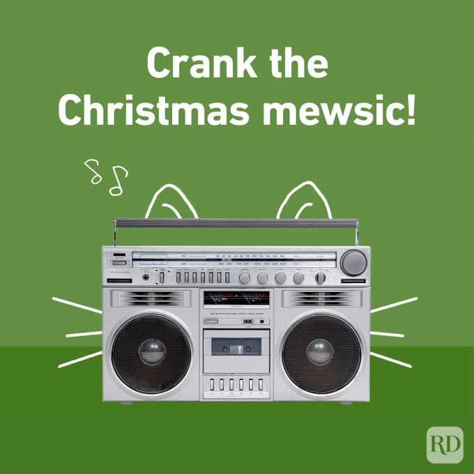"Crank the Christmas mewsic!" Boombox with cat ears and whiskers