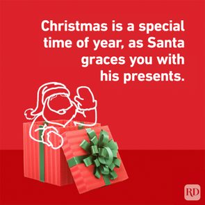 Image reading: Christmas is a special time of year, as Santa graces you with his presents with a open Christmas present and hand drawn Santa clause popping out
