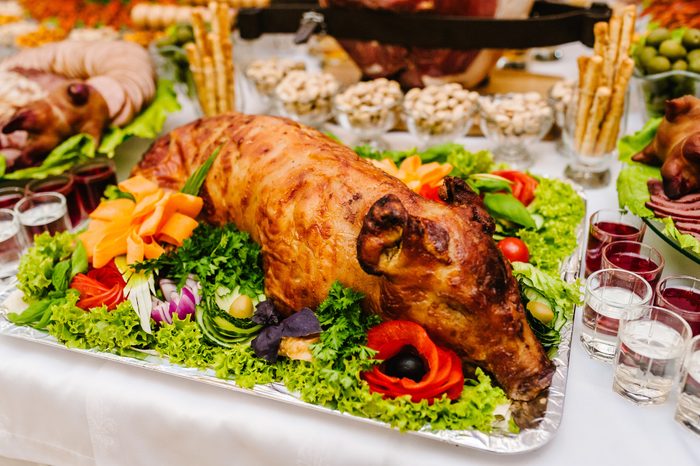 Roast pig on table for chinese new year celebration