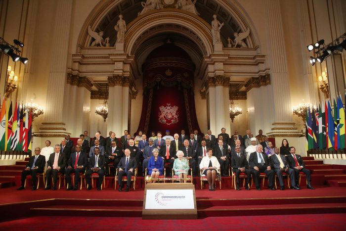 Queen Elizabeth II and Commonwealth leaders at the formal opening of the Commonwealth Heads of Government Meeting