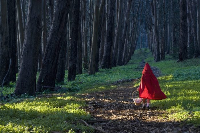 young girl dressed as little red riding hood walking through the woods