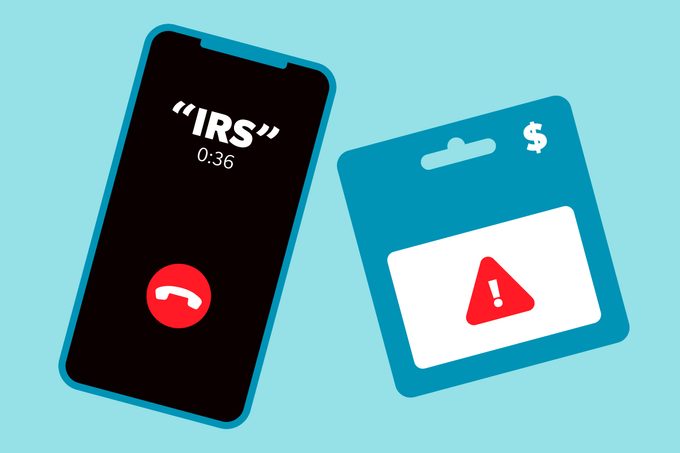 Illustration of fraudulent phone call with the "IRS" and a gift card