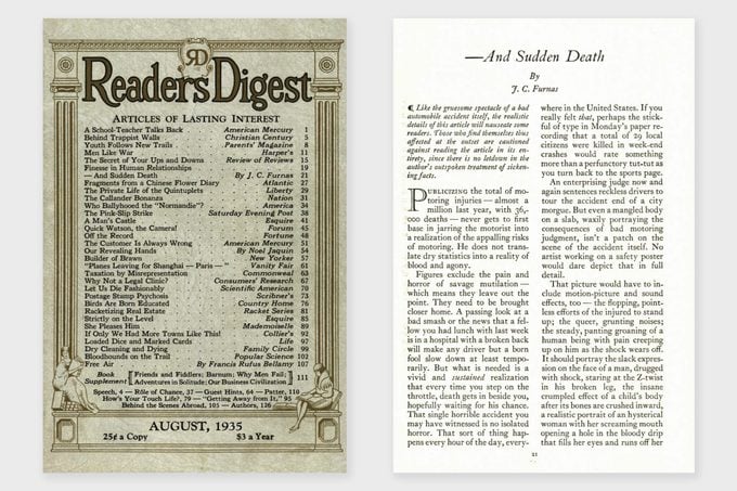 Readers Digest August 1935 cover and the opening page of And Sudden Death from that issue