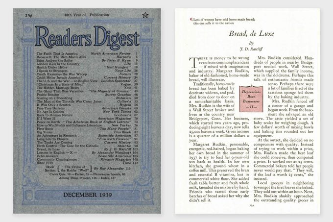 Readers Digest December 1939 cover next to the first page of the story Bread De Luxe from that issue