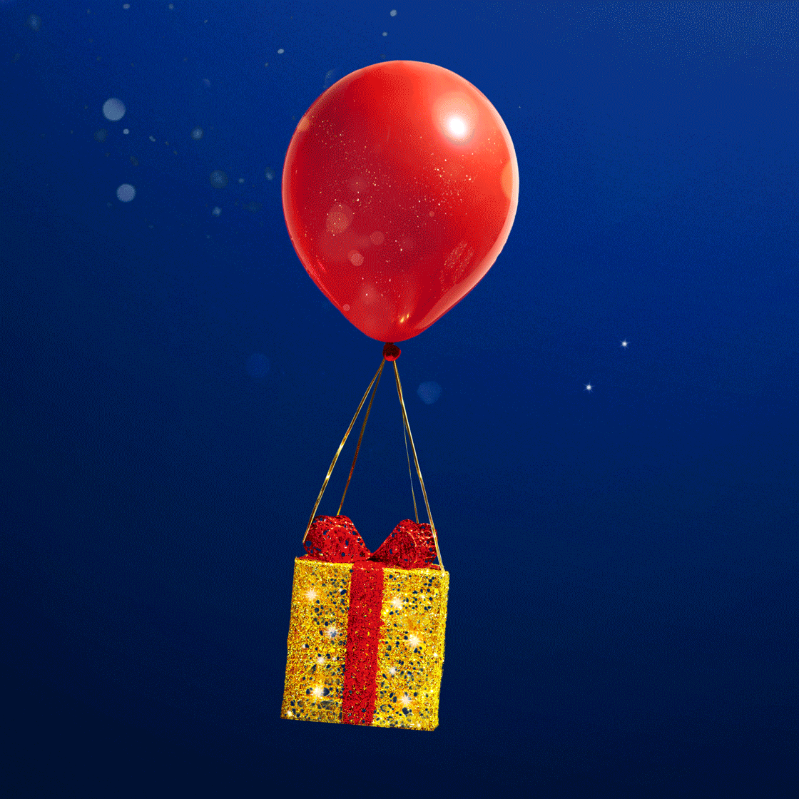 Floating Balloon holding lighted gift basket