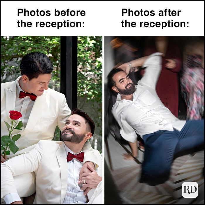 split photo, same sex male grooms smiling for photo, drunk man dancing at wedding on right