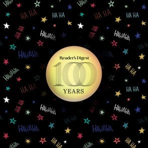Reader's Digest 100 Years logo over a black background with doodles and 