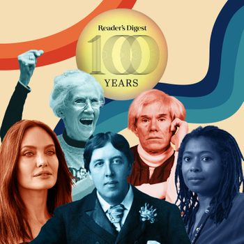 collage of famous people on stylized background with Reader's Digest 100 Years logo