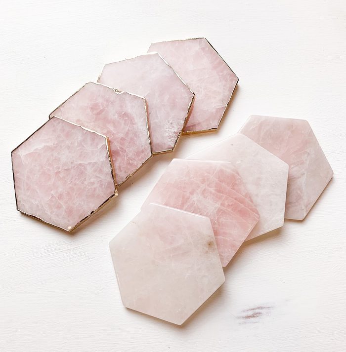 Melan Threads Designs Hexagon Pink Rose Quartz Slice Coaster