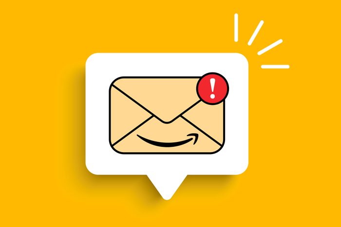email alert icon with an exclamation point in a red bubble and the amazon "smile" on the email envelope icon