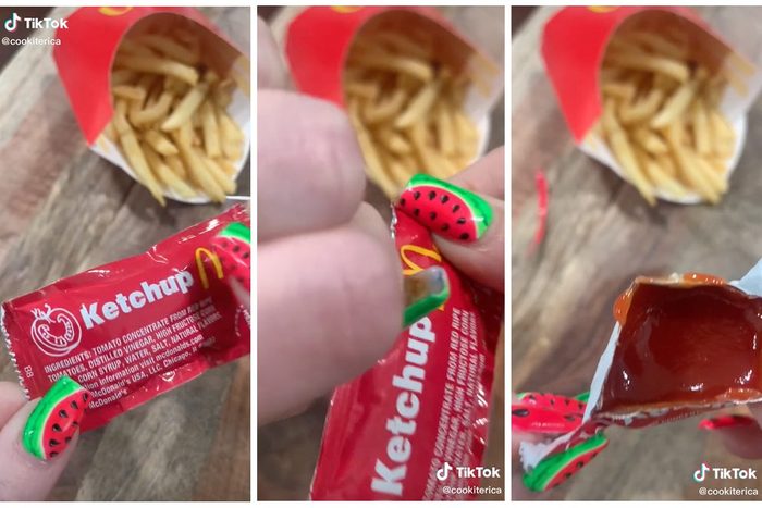 Collage Of Tiktok Showing How To Open A Ketchup Packet Via Tiktok