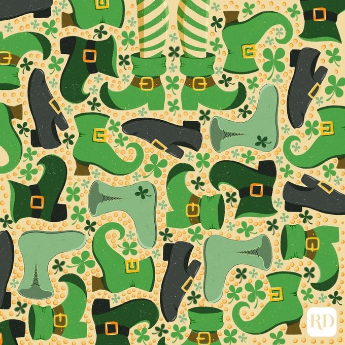 Find The Three Leaf Clover Among The Leprechaun Boots puzzle illustration