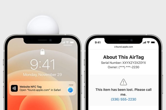 screenshot images of what you would see by holding your iphone to the apple airtag to find the serial number